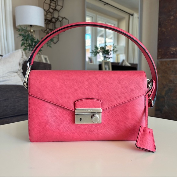 PRADA Saffiano Lux Sound Shoulder Bag Pink Clutch Silver - Picture 2 of 16